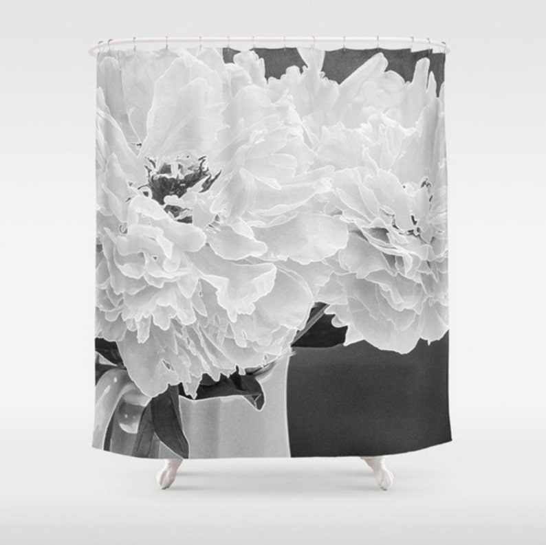 Black and White Shower Curtain, Peony Shower Curtain, Floral Bathroom Decor, Gray Bath Set
