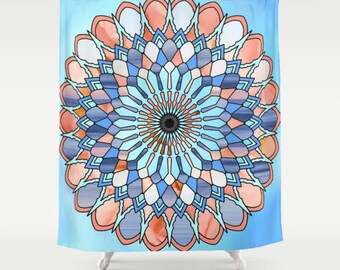 Bright Mandala Shower Curtain, Cheerful Pattern Shower Curtain Blue and Peach Shower Curtain Mandala Bathroom Decor Geometric Print Bath Mat
