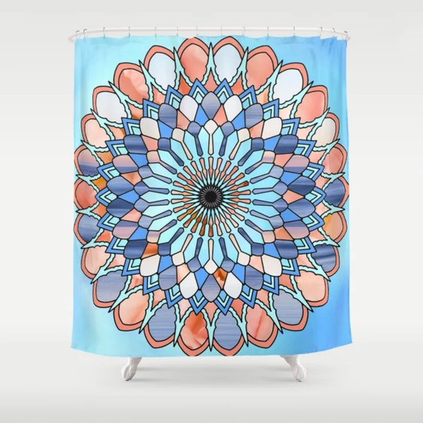 Bright Mandala Shower Curtain, Cheerful Pattern Shower Curtain Blue and Peach Shower Curtain Mandala Bathroom Decor Geometric Print Bath Mat