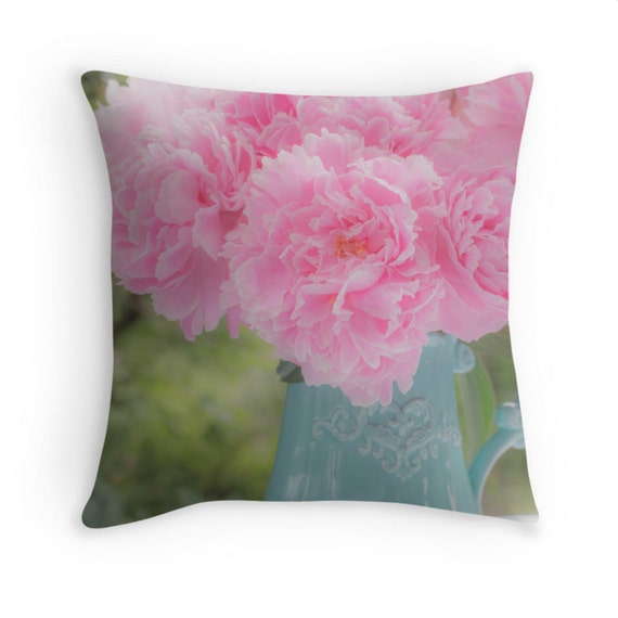 Dreamy Flower Pillow ~ Pink Pillow ~ Shabby Chic Decor ~ Feminine Art ~Teal Throw Pillow ~ Pink Peonies Pillow Cover ~ Floral Photography