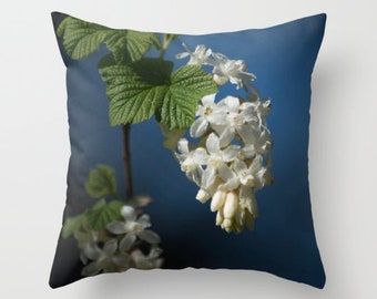 White Flower Pillow, Denim Blue Throw Pillow, White Floral Home Decor, Floral Boudoir Pillow, Floral Pillow Cover, Dark Blue Elegant Decor