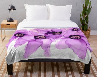 Purple Flowers Blanket, Violet Blanket, Soft Fleece Blanket, Floral Throw Blanket, Cozy Gift, Dorm Decor, Sofa Blanket, Alcohol Ink Painting