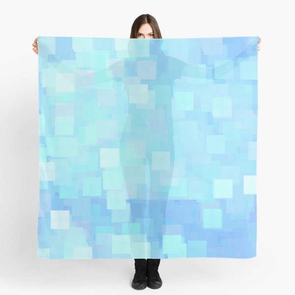 Light Blue Scarf, Abstract Print Scarf, Gift for Her, Aqua Checkered Scarf, Periwinkle Scarf, Square Scarf, Sexy Sarong, Sheer Fabric Wrap