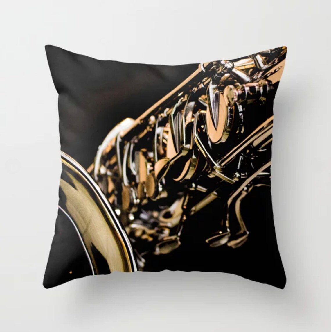 Saxophone Pillow Cover Gold and Black Pillow Gift for Musician