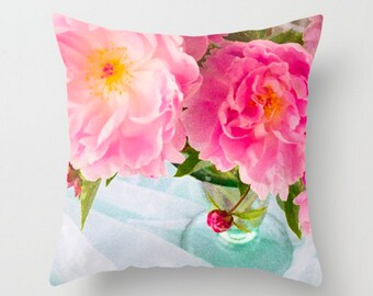 Pink Peony Pillow, Bright Floral Throw Pillow, Teal Boudoir Pillow, Pink Floral Home Decor, Flower Pillow, Floral Pillow Cover, Spring Decor