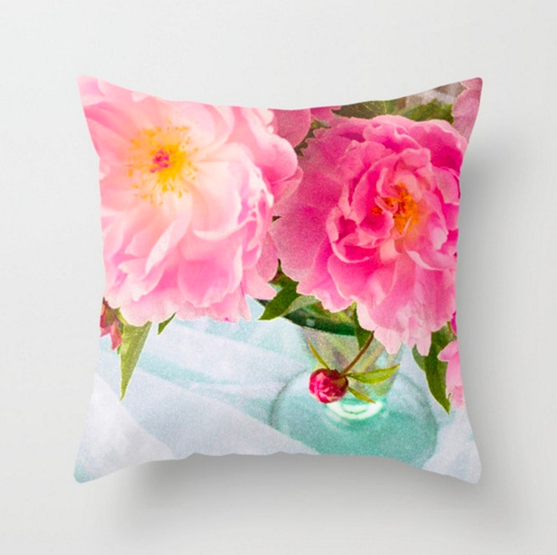 Pink Peony Pillow, Bright Floral Throw Pillow, Teal Boudoir Pillow