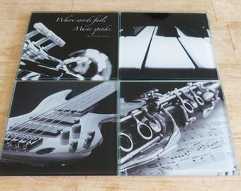 Music Gift, Music Decor, Black and White Coaster Set, Music Coasters, Trumpet Coasters Piano Coasters Bass Guitar Coasters Clarinet Coasters