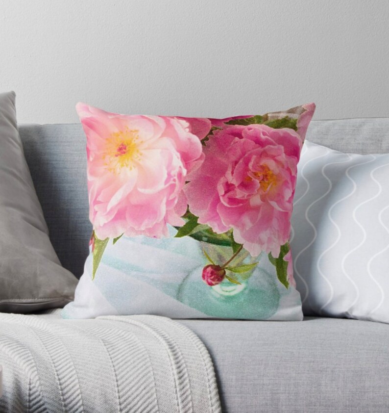 Pink Peony Pillow Bright Floral Throw Pillow Teal Boudoir Etsy UK