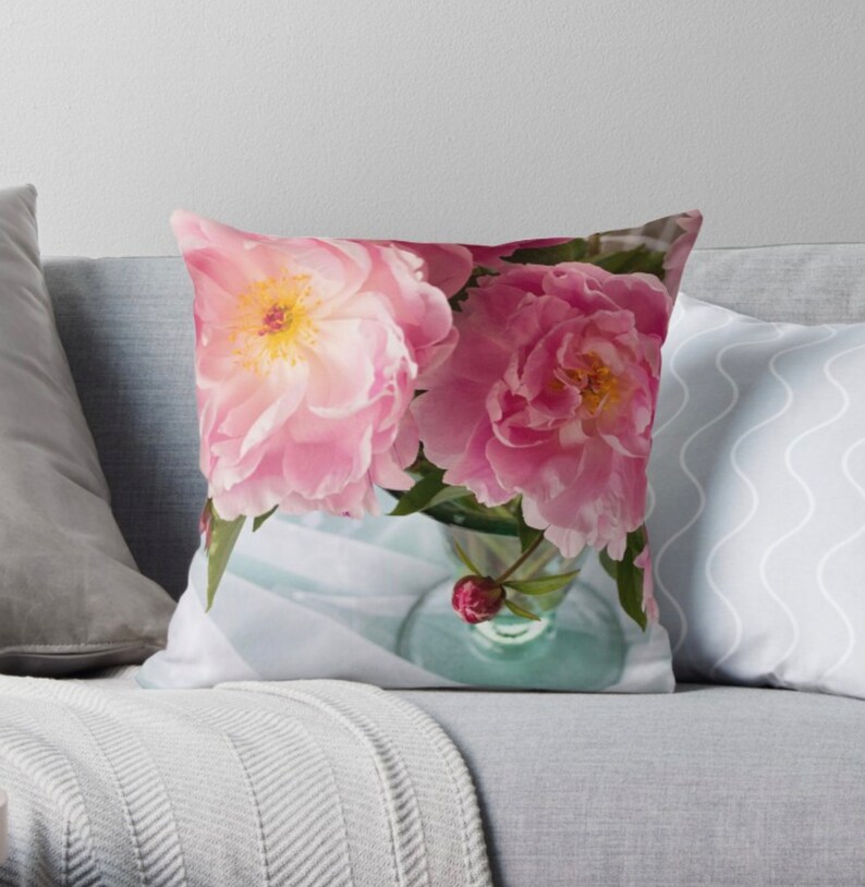 Pink Peony Pillow, Bright Floral Throw Pillow, Teal Boudoir Pillow, Pink Floral Home Decor