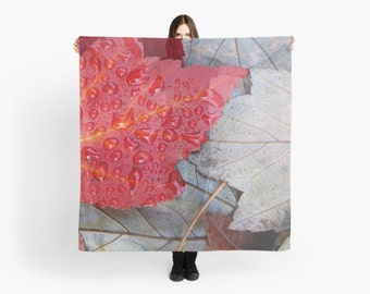 Red Brown Gray Scarf ~ Red Leaf Wearable Art ~ Taupe Scarf ~ Women's Accessory Gift Idea ~ Square Scarf ~ Maple Leaves Print ~ Nature Photo