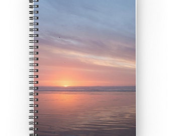 Beach House Guest Book ~ Beach Notebook ~ Beach Gift ~  Orange Sunset Photo, Ocean Print, Blue Spiral Notebook, Travel Journal, Nature Diary