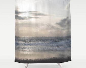 Beach Shower Curtain, Ocean Shower Curtain, Silver Grey Bathroom Decor, Beach Bathroom, White Bath Set, Beach Bath Mat, Monochromatic Shower