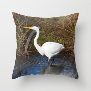 Great Egret Pillow Cover ~ Cabin Pillow, White Bird Pillow, Bird Decor, Blue and Brown Pillow, Nature Pillow, Wildlife Pillow, Throw Pillow