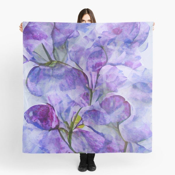 Dreamy Violet Floral Scarf, Silky Feminine Gift for Mom, Large Purple Scarf, Abstract Impressionism Digital Art, Bold Flowers Delicate Scarf