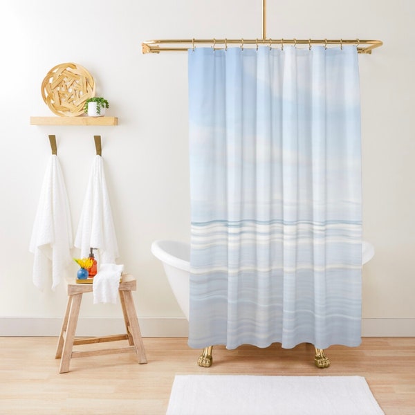 Dreamy Beach Shower Curtain, Ethereal Ocean Shower Curtain, Light Blue Shower Curtain, Light Gray White Bathroom Decor, Beach Print Bath Mat