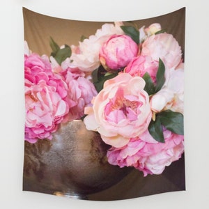 Pink Silk Flowers Wall Hanging ~ Elegant Botanical Art for Condo, Luscious Peony Tapestry, Floral Decor, Shabby Chic Wall Art, Wall Tapestry