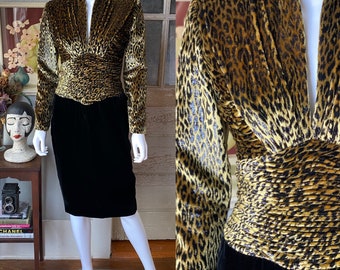 1980\u2019s Vicky Tiel couture black velvet and cheetah print dress