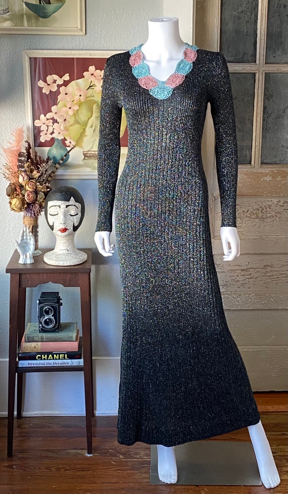 Vintage 1970’s Wenjilli rainbow lurex knit maxi d… - image 2