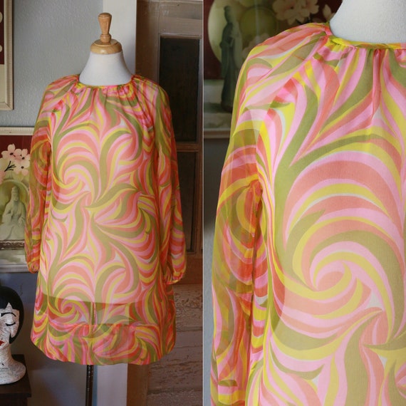 1960's psychedelic swirl sheer mini dress