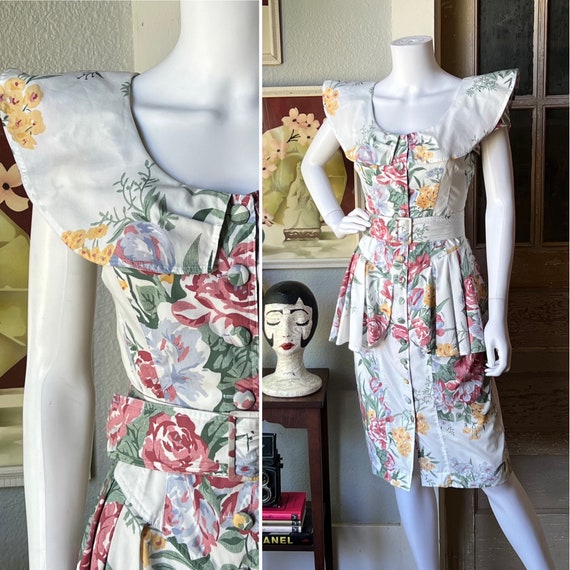 1980’s Vintage Floral Peplum Dress - image 1