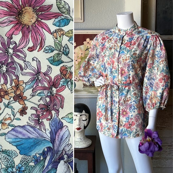 197O’s Vintage Mixed Floral Tie Waist Blouse - image 1