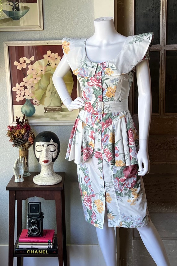 1980’s Vintage Floral Peplum Dress - image 2