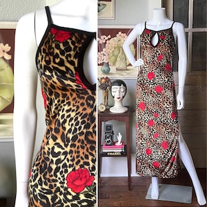 1990’s Vintage Velvet Leopard and Rose Print Maxi Slip Dress by Softwear San Francisco image 1