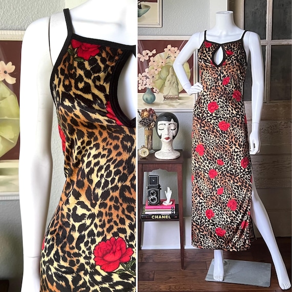 1990’s Vintage Velvet Leopard and Rose Print Maxi Slip Dress by Softwear San Francisco