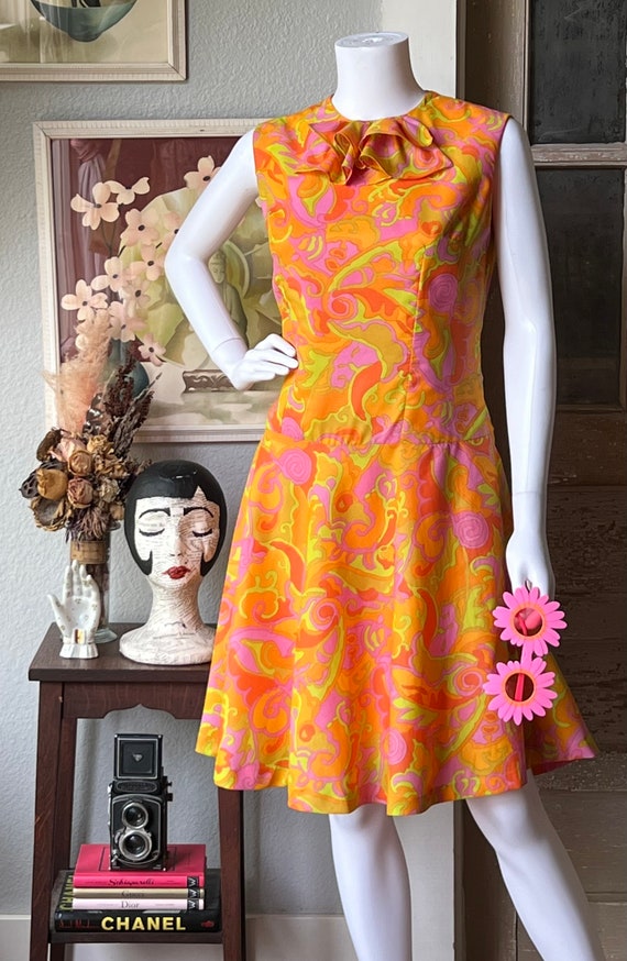 1960’s Vintage Neon Psychedelic Drop Waist Dress … - image 2