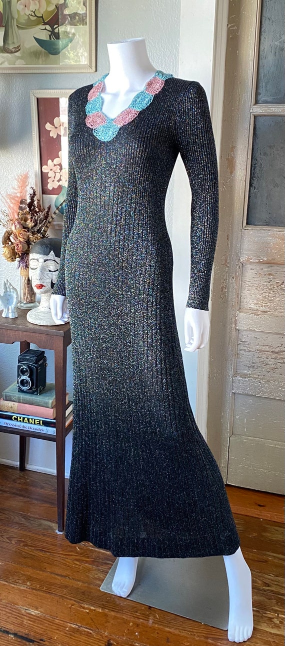 Vintage 1970’s Wenjilli rainbow lurex knit maxi d… - image 4