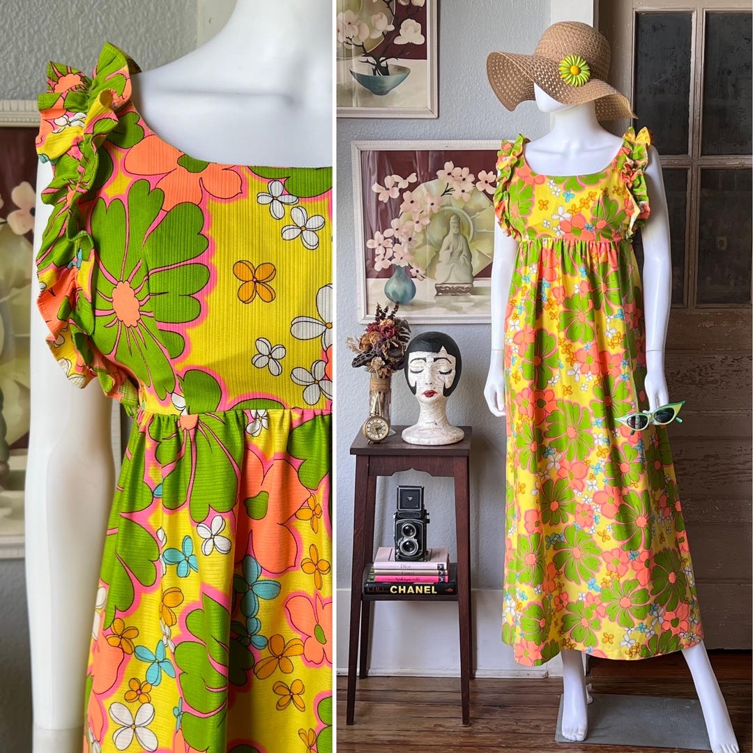 70s Ombre Watercolor Sun Orange & Yellow Resortwear Maxi Dress by malia