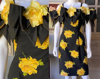 1980’s Vintage Victor Costa yellow rose cocktail dress | Size 8