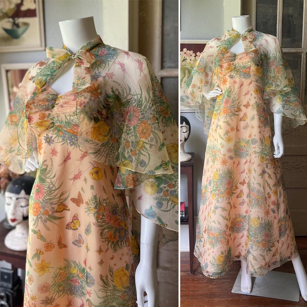 1970’s Vintage Floral and Bug Print Chiffon Caplet Dress