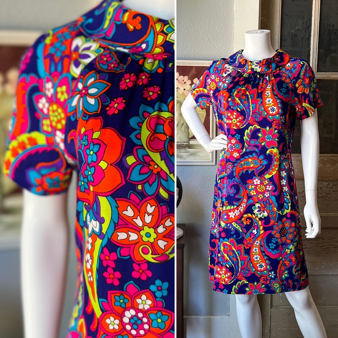 STACY AMES 1960s psychedelic linen dress