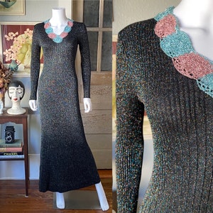 Vintage 1970’s Wenjilli rainbow lurex knit maxi dress with crocheted collar