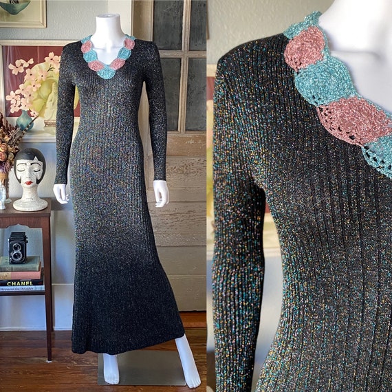 Vintage 1970’s Wenjilli rainbow lurex knit maxi d… - image 1