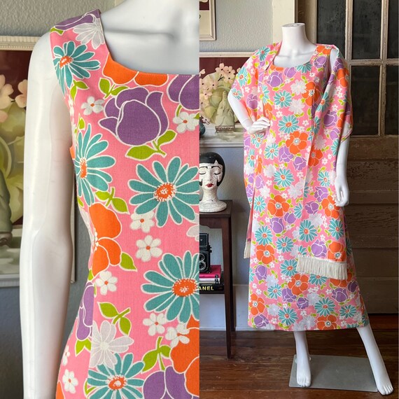 1960’s Vintage Flower Power Maxi Dress With Match… - image 1