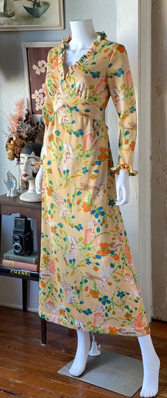 Vintage 1970’s deco lady novelty print maxi dress - image 4