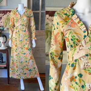 Vintage 1970’s deco lady novelty print maxi dress