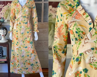 Vintage 1970’s deco lady novelty print maxi dress