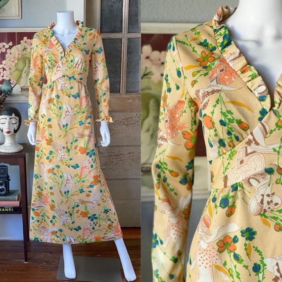 Vintage 1970’s deco lady novelty print maxi dress - image 1