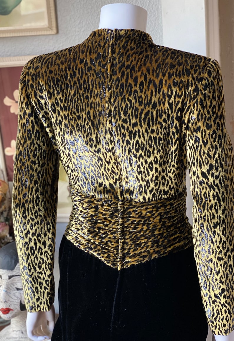 1980\u2019s Vicky Tiel couture black velvet and cheetah print dress