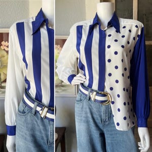 1980’s Vintage Lilli Ann Striped Polka Dot Colorblock Blouse with Matching Belt