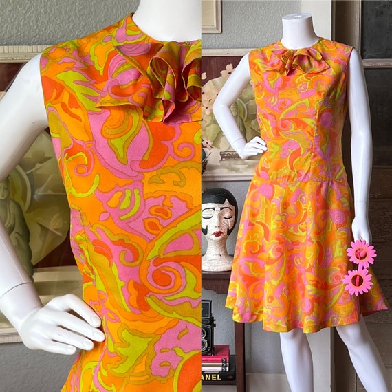 1960’s Vintage Neon Psychedelic Drop Waist Dress … - image 1