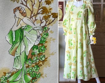 1970’s Vintage Art Nouveau Lady Peint Tie Back Maxi Dress