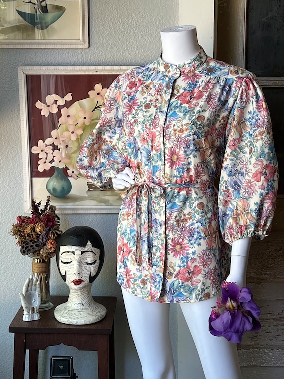 197O’s Vintage Mixed Floral Tie Waist Blouse - image 2