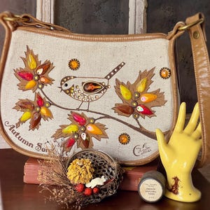 1960’s Vintage  Enid Collins “Autumn Song” Jeweled Canvas Bag – Fall Leaves & Bird Motif