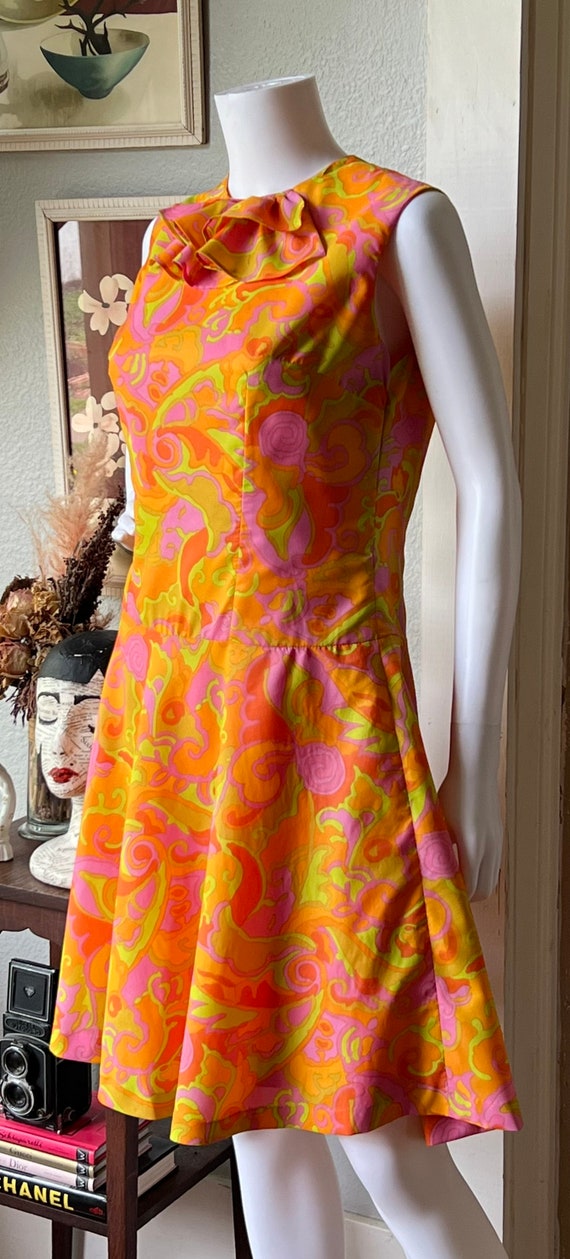 1960’s Vintage Neon Psychedelic Drop Waist Dress … - image 4