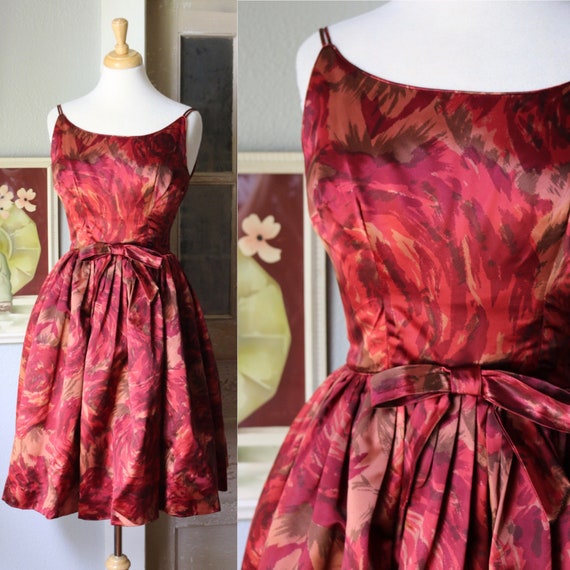 1950's satin watercolor rose print dress