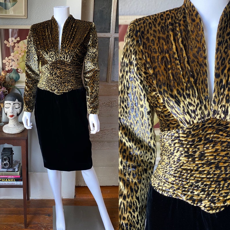 1980\u2019s Vicky Tiel couture black velvet and cheetah print dress